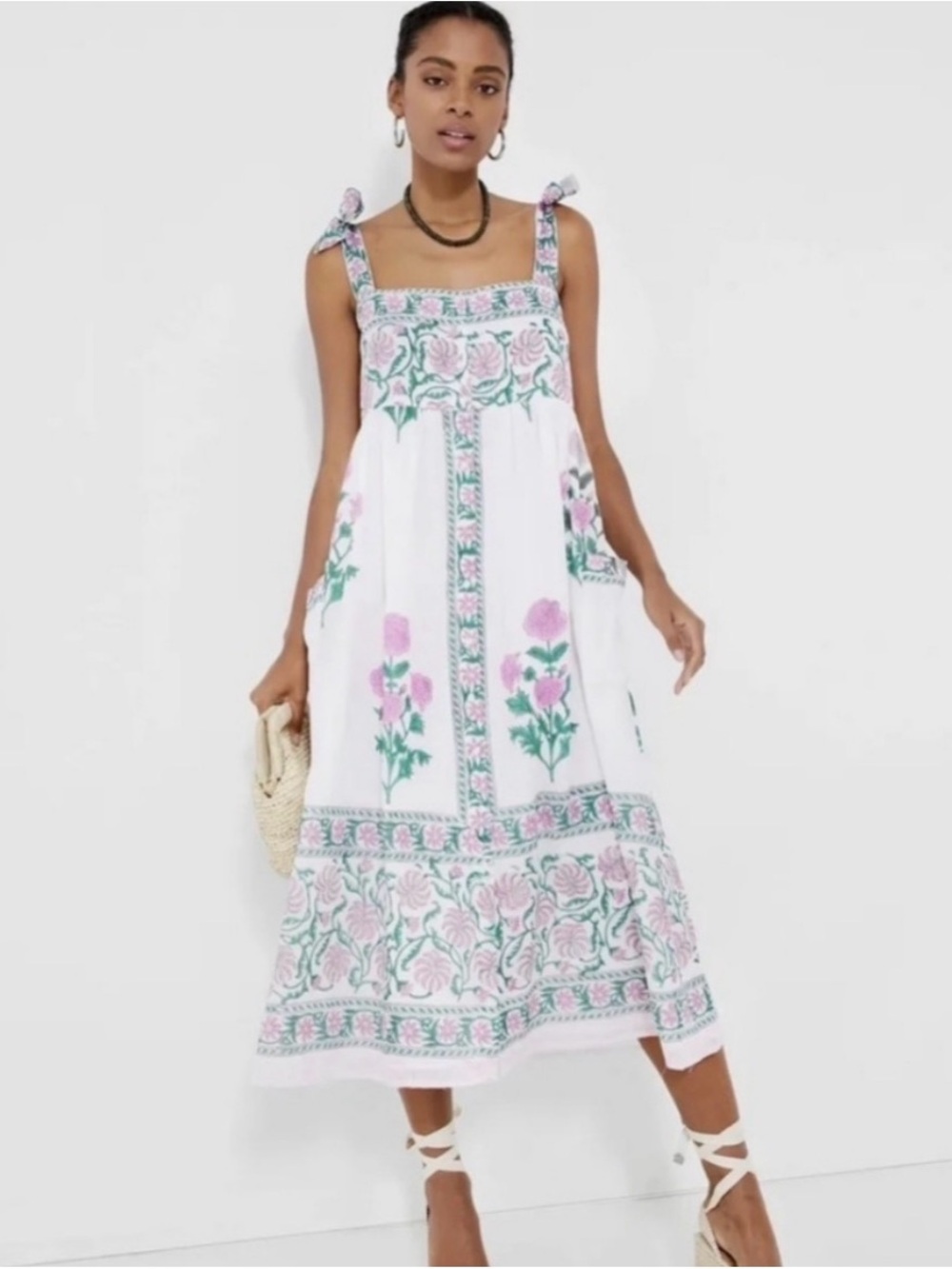 Juliet Dunn White Orchid Poppy Tie Shoulder Dress sz 1/S Small Midi Cotton